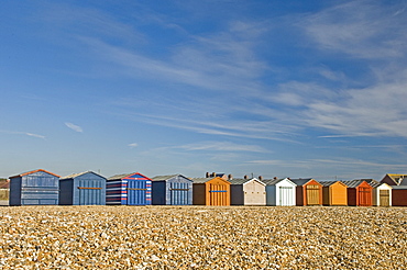 Beach huts locked up for winter, Hayling Island, Hampshire, England, United Kingdom, Europe