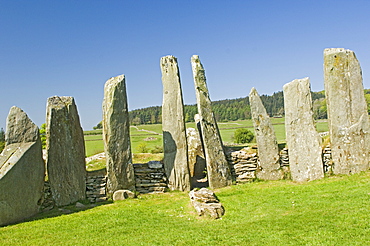 Chambered cairn at Cairnholy, the area in front of the wall and Sentinel Stones is believed to have been for worship or communal purposes, near Creetown, Dumfries and Galloway, Scotland, United Kingdom, Europe