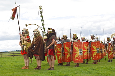 Ermine Street Guard preparing to advance, Birdoswald, Hadrians Wall, Northumbria, England, United Kingdom, Euruope