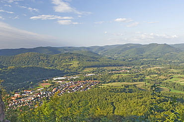 View over the Pfalz wine area, town of Anweiler, from Trifels Castle, Germany, Europe