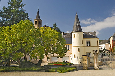 Schloss garden and gatetower, Schengen, Moselle wine route, Luxembourg, Europe