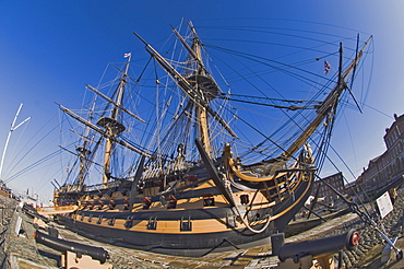 HMS Victory, flagship of Admiral Horatio Nelson, 1758-1805, at Battle of Trafalgar in 1805, Portsmouth Historical Dockyard, Portsmouth, Hampshire, England, United Kingdom, Europe