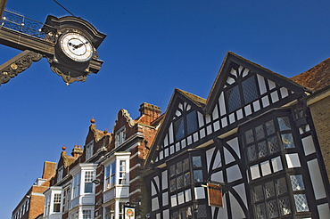 The Bracket Clock and timbered gables, High Street, Winchester, Hampshire, England, United Kingdom, Europe