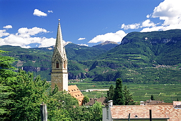 Church spire and valley, South Tyrol (South Tirol), Italy, Europe