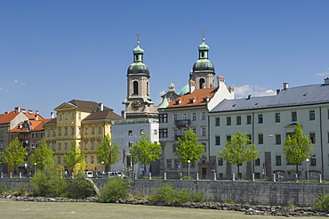 View across the River Inn to the old city centre, Innsbruck, Austria, Europe