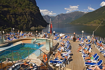 View over the aft pool and sundeck, Flaams, Fjordland, Norway, Scandinavia, Europe