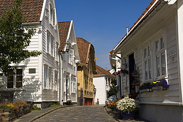 A street of wooden houses in the old town adjacent to the harbour, Stavanger, Norway, Scandinavia, Europe