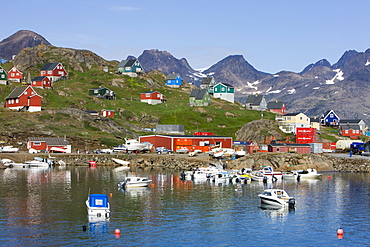 Harbour and village, Ammassalik, Greenland, Arctic, Polar Regions