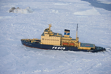 Russian icebreaker, Kapitan Khlebnikov in pack ice, seen from helicopter flight, Weddell Sea, Antarctica, Polar Regions