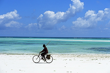 A man riding his bicycle of Kiwengwa beach, island of Zanzibar, Tanzania, East Africa, Africa