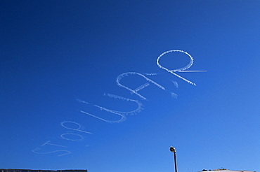 Stop War sign written in sky in vapour from aeroplane, Cape Town, South Africa, Africa