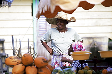 Vendor at local vegetable market, Fort de France, Martinique, Lesser Antilles, West Indies, Caribbean, Central America