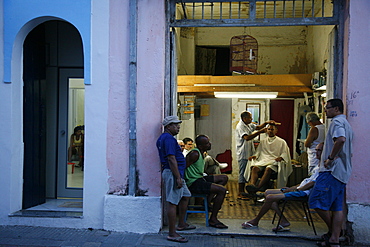 Men at a local barber's shop, Cachoeira, Bahia, Brazil, South America 