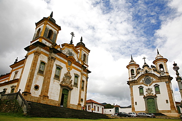 Sao Francisco de Assis (St. Francis of Assisi) and Nossa Senhora do Carmo (Our Lady of Mount Carmel) churches at Praca Minas Gerais, Mariana, Minas Gerais, Brazil, South America 