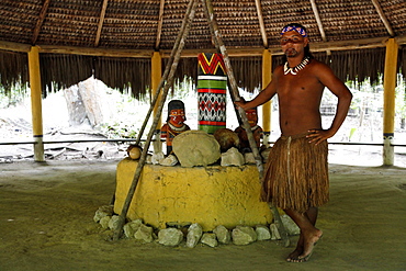 The ceremonial house of the Pataxo Indian people at the Reserva Indigena da Jaqueira near Porto Seguro, Bahia, Brazil, South America