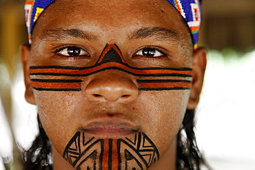 Portrait of a Pataxo Indian man at the Reserva Indigena da Jaqueira near Porto Seguro, Bahia, Brazil, South America