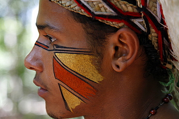 Portrait of a Pataxo Indian man at the Reserva Indigena da Jaqueira near Porto Seguro, Bahia, Brazil, South America