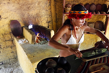 Pataxo Indian woman making food at the Reserva Indigena da Jaqueira near Porto Seguro, Bahia, Brazil, South America