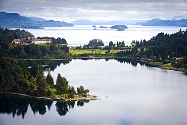 View over Nahuel Huapi lake and Llao Llao hotel near Bariloche, Lake District, Patagonia, Argentina, South America 