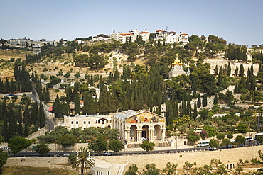 View over the Basilica of the Agony, Gethsemane, and the Maria Magdalena church on Mount of Olives, Jerusalem, Israel, Middle East 