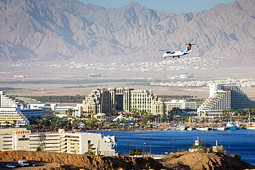 View over the Red Sea, beach and hotels in Eilat, Israel, Middle East