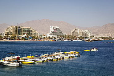 View of the Red Sea, beach and hotels in Eilat, Israel, Middle East