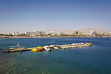 View of the Red Sea, beach and hotels in Eilat, Israel, Middle East