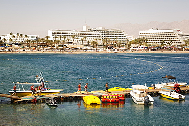 View of the Red Sea, beach and hotels in Eilat, Israel, Middle East