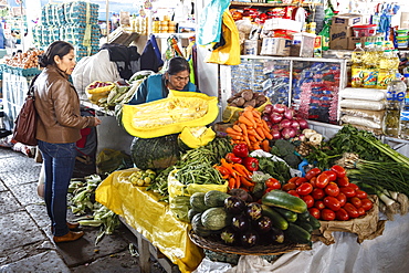 Vegetable stall at San Pedro Market, Cuzco, Peru, South America