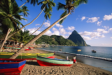 Fishing boats at Soufriere with the Pitons in the background, island of St. Lucia, Windward Islands, West Indies, Caribbean, Central America