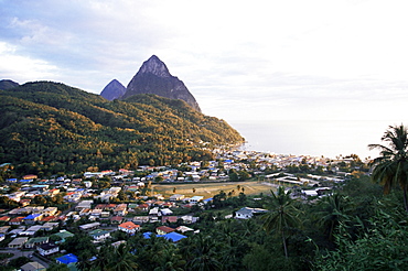 View over Soufriere and the Pitons in the background, St. Lucia, Windward Islands, West Indies, Caribbean, Central America