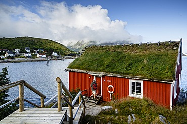 Traditional fishing cabin converted to a hotel, Reine Rorbuer hotel in Reine, Lofoten Islands, Arctic, Norway.Scandinavia, Europe