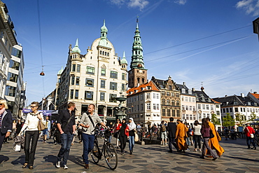 View over Amagertorv at Stroget, the main pedestrian shopping street, Copenhagen, Denmark, Scandinavia, Europe