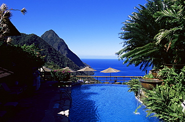 The pool at the Ladera resort overlooking the Pitons, St. Lucia, Windward Islands, West Indies, Caribbean, Central America