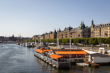 View over the buildings and boats along Strandvagen street, Stockholm, Sweden, Scandinavia, Europe