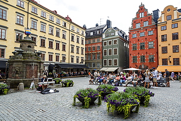 People sitting at Stortorget Square in Gamla Stan, Stockholm, Sweden, Scandinavia, Europe