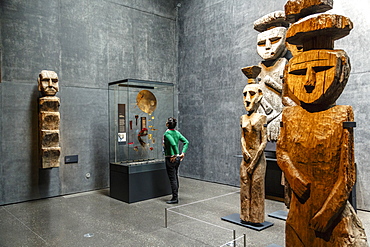 Wooden Mapuche burial statues at the Museo Chileno de Arte Precolombino, Santiago, Chile, South America