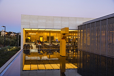 The pool and the restaurant at the entrance of the Israel Museum in Jerusalem, Israel, Middle East