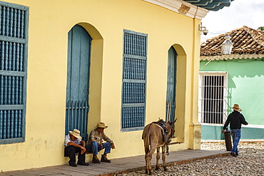 Elderly men sitting with donkey at the street, Trinidad, Sancti Spiritus Province, Cuba, West Indies, Caribbean, Central America