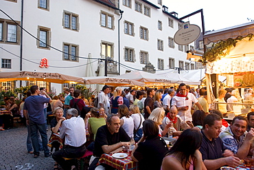 Traditional food and wine stall under the City Hall building during the wine festival, Stuttgart, Baden Wurttemberg, Germany, Europe