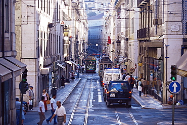 Traffic in the Baixa area, Lisbon, Portugal, Europe