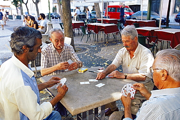 Men playing cards, Chiado quarter, Lisbon, Portugal, Europe