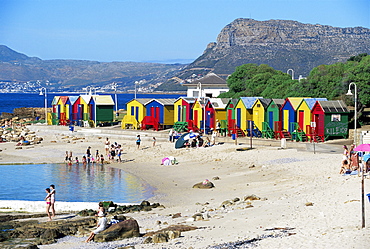 Colourfully painted Victorian bathing huts in False Bay, Cape Town, South Africa, Africa