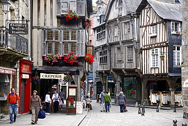 Half timbered houses in the old town of Dinan, Brittany, France, Europe