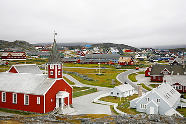 View over houses and the Frelsers Kirke (Our Saviour Church) in the Kolonihavn, Nuuk, Greenland, Polar Regions