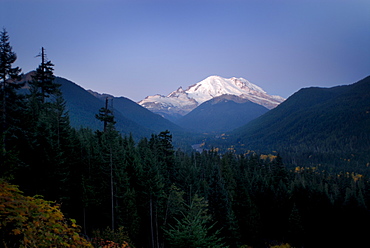 Mt. Rainier at dawn, autumn color in the lower valley, and White River in distance, Washington State, United States of America, North America