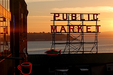 Pike Place market and Puget Sound, Seattle, Washington State, United States of America, North America