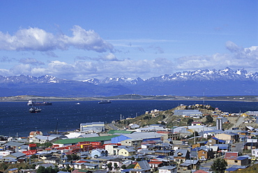 Boats float in the Beagle Channel, the capital of Tierra del Fuego province, Ushuaia, Argentina, South America