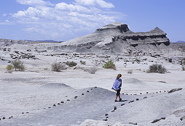 Woman walks to Cancha de Bochas (Expanse of circular stones) in Parque Provincial Ischigualasto (Valle de la Luna), Argentina, South America