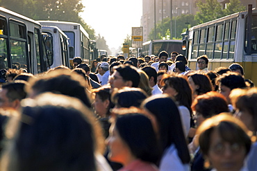 Commuters at bus stop, Santiago, Chile, South America